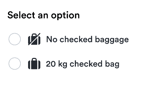 Radio buttons under the heading 'Select an option' with both icons related to baggage.